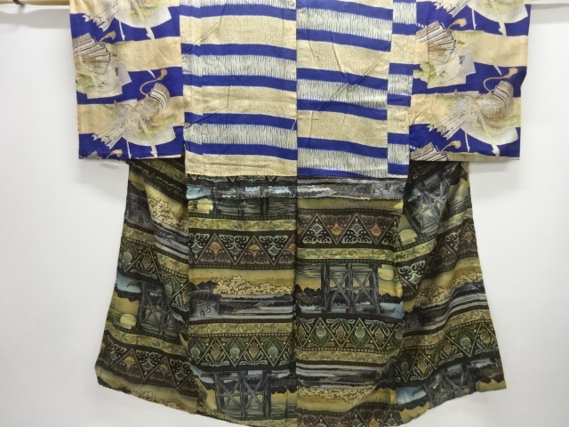 アンティーク　花更紗に時代人物風景模様胴抜き男物長襦袢